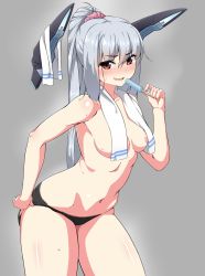 Rule 34 | 10s, 1girl, :d, adjusting clothes, adjusting panties, areola slip, black panties, blush, breasts, cowboy shot, eyebrows, food, grey background, grey hair, headgear, highres, jito (mesuki nitouhei), kantai collection, leaning forward, long hair, looking at viewer, medium breasts, murakumo (kancolle), navel, open mouth, panties, ponytail, popsicle, puffy nipples, red eyes, simple background, smile, solo, standing, sweat, topless, towel, underwear