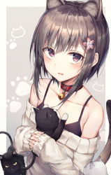 Rule 34 | 1girl, animal, animal ears, bare shoulders, bell, black bra, black cat, blush, bra, brown eyes, brown hair, carrying, cat, cat ears, cat girl, cat tail, collar, collarbone, extra ears, fang, flat chest, flower, grey sweater, hair flower, hair ornament, highres, huwari (dnwls3010), interlocked fingers, jingle bell, long sleeves, looking at viewer, off-shoulder sweater, off shoulder, original, own hands together, parted lips, paw print, paw print background, sanpaku, short hair, sidelocks, skin fang, solo, sweater, tail, underwear, upper body