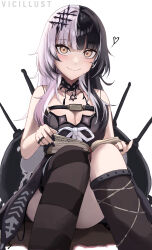 Rule 34 | 1girl, absurdres, bare shoulders, black choker, black dress, black hair, black nails, breasts, choker, cleavage, closed mouth, dress, hair ornament, highres, hololive, hololive english, lace, lace choker, large breasts, long hair, looking at viewer, multicolored hair, shiori novella, shiori novella (1st costume), short dress, sleeveless, sleeveless dress, smile, solo, split-color hair, two-tone hair, vicarious, virtual youtuber, white background, white hair, yellow eyes