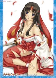 Rule 34 | 00s, 1girl, black hair, blunt bangs, blush, breasts, censored, cleavage, convenient censoring, eiwa, hair over breasts, headband, hime cut, japanese clothes, large breasts, long hair, miko, musha miko tomoe, panties, purple eyes, queen&#039;s blade, sitting, solo, sword, tomoe (queen&#039;s blade), tomoe (queen's blade), torn clothes, underwear, weapon, white panties