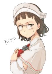 Rule 34 | 10s, 1girl, bad id, bad twitter id, brown eyes, brown hair, capelet, character name, eyewear strap, glasses, hands on own chest, higure, jitome, kantai collection, maid headdress, pince-nez, roma (kancolle), short hair, simple background, solo, upper body, white background
