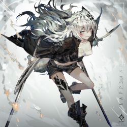 Rule 34 | 1girl, a0lp, absurdres, animal ears, arknights, bandeau, bare legs, black coat, black footwear, black shorts, blush, boots, breasts, character name, cleavage, coat, commentary, feet out of frame, floating hair, grey background, grey eyes, hair between eyes, hair ornament, hairclip, highres, holding, holding sword, holding weapon, huge filesize, katana, korean commentary, lappland (arknights), long hair, long sleeves, looking at viewer, material growth, medium breasts, midriff, open clothes, open coat, oripathy lesion (arknights), parted lips, scar, scar across eye, scar on face, short shorts, shorts, silver hair, smile, solo, strapless, sword, tail, thighs, tube top, weapon, wide sleeves, wolf ears, wolf tail