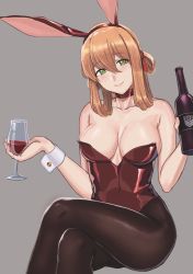 Rule 34 | 1girl, absurdres, alcohol, alternate costume, alternate hairstyle, animal ears, bare shoulders, black leotard, bottle, breasts, brown hair, rabbit tail, cleavage, closed mouth, cup, detached collar, drinking glass, fake animal ears, fishnet pantyhose, fishnets, girls&#039; frontline, green eyes, hair between eyes, highres, holding, holding cup, kuro (zhurunbo1997), crossed legs, leotard, long hair, springfield (girls&#039; frontline), medium breasts, pantyhose, playboy bunny, sitting, smile, tail, wine, wine bottle, wine glass