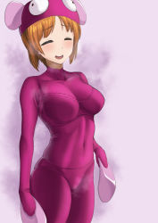 Rule 34 | 1girl, absurdres, anglerfish costume, aura, bra, breasts, costume, embarrassed, closed eyes, girls und panzer, highres, light brown hair, light smile, minatoitoya, nervous, nishizumi miho, panties, simple background, smell, smile, tight clothes, underwear