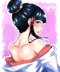 Rule 34 | 1girl, artist request, back, black hair, blunt bangs, blush, chinese knot, hair bun, hair tie, highres, japanese clothes, kimono, kuonji shizuka, looking at viewer, looking back, nape, neck, off shoulder, open mouth, partially undressed, pink background, short hair with long locks, sidelocks, signature, single hair bun, solo, tokyo 7th sisters, upper body, white background, yakimi 27, yellow eyes