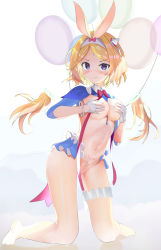 Rule 34 | 1girl, :/, adapted costume, aki rosenthal, aki rosenthal (1st costume), animal ears, balloon, bare legs, between breasts, blonde hair, blush, bob cut, bracelet, breasts, bridal garter, covering breasts, covering nipples, covering privates, detached hair, fuenyuan, gloves, hair ornament, headband, highres, hololive, jewelry, kneeling, long sleeves, looking at viewer, medium breasts, meme attire, midriff, navel, parted bangs, pubic tattoo, purple eyes, rabbit ears, reverse bunnysuit, reverse outfit, ribbon, shrug (clothing), solo, tattoo, twintails, virtual youtuber, white gloves