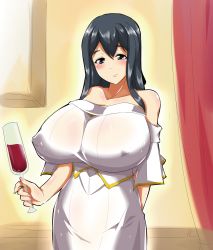 Rule 34 | 1girl, alcohol, bare shoulders, black eyes, black hair, blush, breasts, dress, covered erect nipples, female focus, glass, highres, huge breasts, long hair, looking at viewer, mature female, no bra, original, see-through, solo, standing, willyway, wine