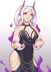 Rule 34 | 1girl, absurdres, ailheim, backless dress, backless outfit, black dress, breasts, chain, cleavage, cocktail dress, corruption, cowboy shot, dark persona, dress, evening gown, evil smile, fire, fire emblem, fire emblem awakening, fire emblem heroes, gold chain, gradient background, grey hair, grima (fire emblem), highres, hip vent, intelligent systems, long hair, looking at viewer, low neckline, medium breasts, meme attire, modakawa dress, nintendo, open mouth, possessed, possession, purple fire, red eyes, robin (female) (fell tactician) (fire emblem), robin (female) (fire emblem), robin (fire emblem), simple background, sleeveless, sleeveless dress, smile, solo, tight clothes, tight dress, twintails, white hair