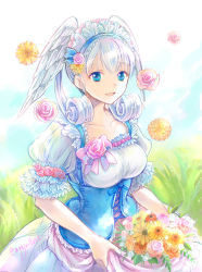 Rule 34 | 1girl, :d, agasa (agasaillust), alternate costume, blue eyes, breasts, corset, cowboy shot, day, dress, flower, hairband, head wings, looking at viewer, medium breasts, melia antiqua, no gloves, open mouth, outdoors, rose, short sleeves, silver hair, smile, solo, underbust, wings, xenoblade chronicles (series), xenoblade chronicles 1