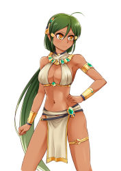 Rule 34 | &gt;:), 1girl, ahoge, arm at side, armlet, armpits, bare shoulders, blush, bracer, breasts, cleavage, cleavage cutout, clenched hand, closed mouth, clothing cutout, collar, copyright request, cowboy shot, dark-skinned female, dark skin, egyptian clothes, green gemstone, gem, hair between eyes, hair ornament, hairclip, hand on own hip, highres, league of legends, legs apart, loincloth, long hair, looking away, looking to the side, low ponytail, medium breasts, nam (valckiry), navel, orange eyes, pelvic curtain, renekton, revealing clothes, simple background, skindentation, smile, solo, standing, stomach, thigh strap, v-shaped eyebrows, very long hair, white background