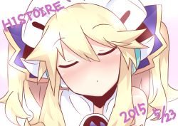 Rule 34 | 10s, 1girl, 2015, bad id, bad pixiv id, bare shoulders, blonde hair, blush, character name, dated, closed eyes, face, facing viewer, hair ornament, hat, highres, histoire, incoming kiss, kisaragi (kisaragi0930), kisaragi (l-calena), kiss, looking at viewer, neptune (series), sidelocks, solo, twintails