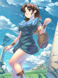 Rule 34 | 1girl, ancient ys vanished, basket, blue eyes, breasts, brown hair, cloud, column, day, dutch angle, falcom, from below, gladiator sandals, grass, large breasts, lilia, lilia (ys), long hair, outdoors, pillar, retro artstyle, ruins, sandals, scarf, skirt, sky, smile, solo, stola, tunic, uchiu kazuma, wrist cuffs, ys