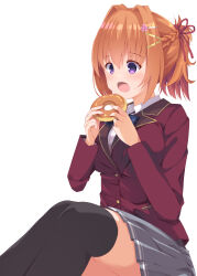 Rule 34 | 1girl, black thighhighs, blush, braid, breasts, cafe stella to shinigami no chou, collared shirt, commentary, dough, feet out of frame, food, french braid, grey skirt, hair intakes, hair ornament, hair ribbon, hairclip, hands up, highres, holding, holding food, jacket, knees up, large breasts, long sleeves, looking at food, medium hair, minase kaya, miniskirt, open mouth, orange hair, pleated skirt, purple eyes, red jacket, red ribbon, ribbon, school uniform, shirt, short ponytail, simple background, sitting, skirt, solo, sumizome nozomi, symbol-only commentary, thighhighs, white background, white shirt, zettai ryouiki