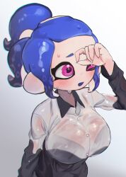 Rule 34 | 1girl, blue eyes, breasts, cephalopod eyes, commentary request, doro mizu 831, eyelashes, gradient background, grey background, highres, large breasts, medium hair, nintendo, octoling, octoling girl, octoling player character, one eye closed, open mouth, pink eyes, ponytail, see-through, shirt, simple background, solo, splatoon (series), sweat, tentacle hair, upper body, wet, wet clothes, wet shirt