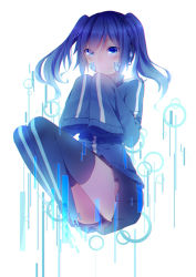 Rule 34 | 1girl, absurdres, bad id, bad pixiv id, blue eyes, blue hair, coaurora, ene (kagerou project), headphones, highres, kagerou project, long hair, matching hair/eyes, short hair, simple background, sleeves past wrists, smile, solo, striped, striped background, thighhighs, twintails