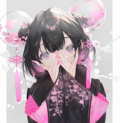 Rule 34 | 1girl, black hair, black shirt, bubble, chi4, commentary, covered mouth, covering own mouth, double bun, english commentary, fingernails, flower, flower knot, grey background, grey eyes, hair bun, highres, long fingernails, looking at viewer, nail polish, original, pillarboxed, pink flower, pink nails, pink theme, shirt, short hair, signature, simple background, solo, tassel, upper body, wide sleeves