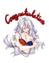 Rule 34 | 1girl, ;q, alternate hairstyle, bad id, bad pixiv id, blue eyes, body writing, bra, braid, breasts, cleavage, cream, female focus, highres, lace, large breasts, lingerie, long hair, one eye closed, silver hair, solo, tongue, tongue out, touhou, underwear, underwear only, wink, yagokoro eirin, zutta