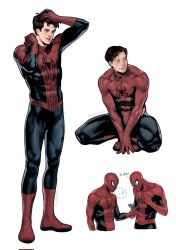 Rule 34 | ...?, 2boys, black hair, blue bodysuit, bodysuit, closed mouth, hand on own head, highres, holding another&#039;s wrist, male focus, marvel, marvel cinematic universe, mask, msg 777, multiple boys, muscular, muscular male, peter parker, red bodysuit, short hair, sideburns, simple background, smile, spider-man, spider-man: far from home, spider-man: no way home, spider-man (series), spider-man 1 (2002), spider web print, squatting, the amazing spider-man, translation request, twitter username, two-tone bodysuit