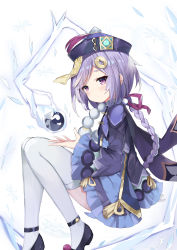 Rule 34 | 1girl, absurdres, bead necklace, beads, black footwear, blue dress, blush, braid, closed mouth, commentary request, cropped jacket, dress, fuyuki030, genshin impact, hair ornament, hair ribbon, hand up, hat, highres, ice, jacket, jewelry, knees up, long hair, long sleeves, looking away, looking to the side, necklace, ofuda, purple eyes, purple hair, purple hat, purple jacket, purple ribbon, qingdai guanmao, qiqi (genshin impact), ribbon, shoes, short eyebrows, single braid, sleeves past wrists, snowflakes, solo, thick eyebrows, thighhighs, very long hair, white background, white thighhighs, wide sleeves, yin yang