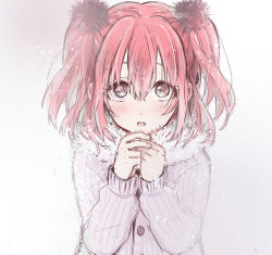 Rule 34 | 10s, 1girl, bad id, bad pixiv id, blush, coat, fur-trimmed coat, fur trim, green eyes, grey coat, hair between eyes, hair ornament, kurosawa ruby, long sleeves, looking at viewer, love live!, love live! sunshine!!, medium hair, muted color, ogi (sham00), open mouth, own hands together, red hair, round teeth, solo, teeth, two side up, upper body, upper teeth only, winter clothes