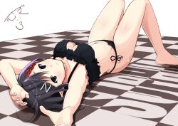 Rule 34 | 1girl, absurdres, arms up, barefoot, black bra, black eyes, black hair, black panties, bra, braid, breasts, cat cutout, cat ear panties, cat lingerie, character name, checkered floor, cleavage, cleavage cutout, clothing cutout, covered erect nipples, frilled bra, frills, hair ornament, highres, looking at viewer, lying, medium breasts, meme attire, mugipot, on back, on floor, original, outstretched arm, panties, pointy ears, red hair, short hair, side-tie panties, solo, sophia frockhart, underwear, underwear only