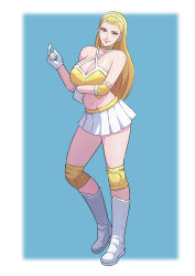 Rule 34 | 1girl, absurdres, arm under breasts, bare shoulders, blonde hair, blue background, blue eyes, boots, border, bra, cirenk, closed mouth, commission, forehead, full body, headband, highres, knee boots, long hair, looking at viewer, navel, original, skirt, smile, solo, underwear, white border, white footwear, white skirt, wrestling outfit, yellow bra