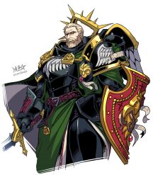 Rule 34 | 1boy, adeptus astartes, armor, beard, belt, black armor, blonde hair, breastplate, cape, closed mouth, dark angels, emperor&#039;s shield, facial hair, fealty (weapon), gauntlets, gold trim, green cape, green eyes, green robe, halo, highres, holding, holding sword, holding weapon, lion el&#039;jonson, looking at viewer, looking down, pauldrons, power armor, primarch, robe, ryuusei (mark ii), shield, short hair, shoulder armor, signature, skull, solo, sword, warhammer 40k, weapon, white background