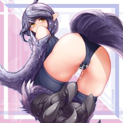 Rule 34 | 1girl, ahoge, ass, bare shoulders, bird tail, black panties, blush, cameltoe, commentary, cum, cum on pussy, english text, from behind, grey hair, harpy, harpy (monster girl encyclopedia), looking back, monster girl, monster girl encyclopedia, nanostar, panties, pointy ears, pussy juice, short hair, solo, tail, talons, thighhighs, underwear, winged arms, wings, yellow eyes