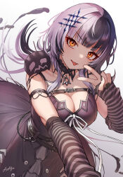 Rule 34 | 1girl, arpeggio kaga, belt, black belt, black dress, black hair, black nails, breasts, choker, cleavage, commentary request, dress, grey hair, highres, hololive, hololive english, lace, lace-trimmed choker, lace choker, lace trim, large breasts, long hair, looking at viewer, multicolored hair, orange eyes, shiori novella, shiori novella (1st costume), simple background, sleeveless, sleeveless dress, smile, solo, split-color hair, striped arm warmers, tongue, tongue out, virtual youtuber, white background