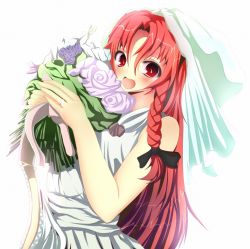 Rule 34 | 1girl, ancient greek clothes, blush, bouquet, braid, chiton, dress, female focus, flower, greco-roman clothes, hong meiling, jewelry, long hair, open mouth, red eyes, red hair, ribbon, ring, smile, solo, sukage, toga, touhou, wedding dress
