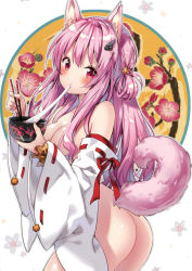 Rule 34 | 1girl, :t, absurdres, animal ears, ass, blush, bowl, breasts, chopsticks, cleavage, cowboy shot, detached sleeves, eating, floral background, food, fox ears, fox tail, from behind, hair ornament, hair rings, highres, holding, holding bowl, long hair, long sleeves, looking at viewer, looking back, medium breasts, mochi, nude, outline, pink hair, red ribbon, ribbon, ribbon-trimmed sleeves, ribbon trim, riichu, scan, shiny skin, solo, standing, straight hair, tail, tareme, twisted torso, very long hair, wagashi, wide sleeves, wing hair ornament