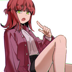 Rule 34 | 1girl, :o, arm at side, bad id, bad twitter id, black shorts, breasts, collared shirt, dress shirt, feet out of frame, flipped hair, green eyes, half updo, hand up, index finger raised, katori youko, knee up, long sleeves, looking at viewer, medium hair, nana 0253, open clothes, open mouth, open shirt, purple shirt, red hair, shirt, shorts, simple background, sitting, small breasts, solo, undershirt, white background, white shirt, world trigger