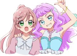 Rule 34 | 2girls, aqua eyes, blush, bracelet, commentary request, crossover, dress, eyelashes, fpminnie1, green eyes, hair ornament, hairclip, happy, highres, hirogaru sky! precure, in-franchise crossover, jewelry, laura la mer, long hair, looking at viewer, multiple girls, nijigaoka mashiro, open mouth, pink hair, precure, simple background, sketch, smile, thick eyebrows, tropical-rouge! precure, wavy hair, white background