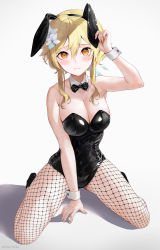 Rule 34 | 1girl, absurdres, alternate costume, animal ears, arm up, artist name, bare shoulders, black bow, black bowtie, black dress, black footwear, black hairband, blonde hair, blush, bow, bowtie, breasts, brown eyes, buttons, closed mouth, collarbone, commentary, detached collar, dress, fake animal ears, feather hair ornament, feathers, fingernails, fishnet pantyhose, fishnets, flower, genshin impact, grey flower, hair between eyes, hair flower, hair ornament, hairband, hand up, highres, leaf, leotard, lily (flower), long fingernails, looking at viewer, lumine (genshin impact), medium breasts, nail polish, orange nails, pantyhose, playboy bunny, rabbit ears, seiza, shadow, shoes, short hair, short hair with long locks, sidelocks, simple background, sitting, sleeveless, sleeveless dress, solo, towrituka, white background, wrist cuffs