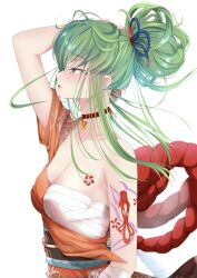 Rule 34 | 1girl, arm tattoo, arm up, bandages, black sash, breasts, budgiepon, c.c., chest sarashi, chest tattoo, choker, cleavage, code geass, collarbone, commentary request, cosplay, from side, genshin impact, green hair, hashtag only commentary, highres, japanese clothes, kimono, long hair, obi, orange kimono, parted lips, ponytail, red choker, sarashi, sash, short sleeves, single bare shoulder, small breasts, solo, tattoo, upper body, yellow eyes, yoimiya (genshin impact), yoimiya (genshin impact) (cosplay)