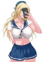 Rule 34 | 1girl, alternate costume, atago (kancolle), beret, blonde hair, blue hat, blue sailor collar, blue skirt, breasts, cellphone, commentary request, cowboy shot, dated, facing viewer, green eyes, hat, highres, holding, holding phone, kantai collection, large breasts, long hair, looking at phone, midriff, one-hour drawing challenge, phone, pleated skirt, sailor collar, short sleeves, simple background, skirt, solo, sozan, tongue, tongue out, twitter username, white background