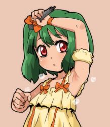 Rule 34 | 1girl, armpits, bare shoulders, blush, bow, dress, green hair, looking at viewer, macross, macross frontier, microphone, open mouth, ranka lee, red eyes, short hair, simple background, solo, sweat, yuuya (blue scarab)