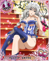 Rule 34 | 10s, 1girl, artist request, braid, breasts, bridal gauntlets, card (medium), character name, chess piece, cleavage, covered erect nipples, grayfia lucifuge, grey eyes, high school dxd, high school dxd infinity, large breasts, crossed legs, lipstick, long hair, looking at viewer, maid headdress, makeup, official art, queen (chess), red lips, silver hair, sitting, sitting on stairs, smile, solo, stairs, thighhighs, torn clothes, trading card, twin braids