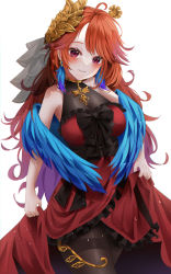 Rule 34 | 1girl, absurdres, ahoge, bare arms, bare shoulders, blush, breasts, cleavage, clothes lift, colored inner hair, covered collarbone, cowboy shot, dress, earrings, embroidered dress, feather earrings, feathered wings, feathers, frilled dress, frills, grin, head tilt, high collar, highres, hololive, hololive english, jewelry, kim leeyoon, large breasts, long hair, looking at viewer, multicolored hair, official alternate costume, orange hair, pale skin, pantyhose, purple eyes, red dress, see-through, see-through cleavage, simple background, skirt, skirt lift, sleeveless, sleeveless dress, smile, solo, swept bangs, takanashi kiara, takanashi kiara (party dress), thighband pantyhose, underbust, very long hair, virtual youtuber, white background, wings