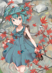 Rule 34 | absurdres, autumn, autumn leaves, backpack, bag, blue eyes, blue hair, blue shirt, hair ornament, highres, kawashiro nitori, mechanical arms, nature, outdoors, power (powwwer), rock, self-upload, shirt, holding shoes, single mechanical arm, sleeveless, soaking feet, solo, standing, stream, touhou, wading, water