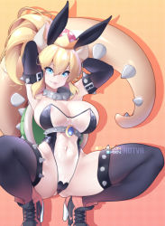 Rule 34 | 1girl, alternate costume, animal ears, armpits, arms behind head, black thighhighs, blonde hair, blue eyes, bowsette, breasts, cleavage, collar, commentary, covered navel, cross-laced footwear, english commentary, fake animal ears, fanbox username, gradient background, high heels, horns, hot vr, large breasts, leotard, lips, lizard tail, looking at viewer, mario (series), meme attire, new super mario bros. u deluxe, nintendo, orange background, orange footwear, patreon username, playboy bunny, ponytail, rabbit ears, shoes, short hair, smile, solo, spiked collar, spiked legwear, spikes, squatting, super crown, tail, thighhighs, white horns
