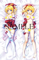 Rule 34 | 10s, 1girl, arms up, ayase eli, bare shoulders, barefoot, blonde hair, blue eyes, blush, breasts, censored, collarbone, dakimakura (medium), detached sleeves, feet, highres, love live!, love live! school idol project, lying, medium breasts, multiple girls, multiple views, navel, no shoes, nude, on back, open clothes, open mouth, panties, panty pull, ponytail, sakurasaka tsuchiyu, star (symbol), star censor, thigh strap, thighhighs, unworn thighhighs, toes, underwear, white thighhighs