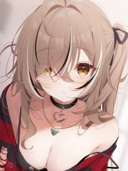 Rule 34 | 1girl, black choker, black hair, black ribbon, breasts, brown eyes, brown hair, choker, cleavage, collarbone, commentary, deyui, eyes visible through hair, hair over one eye, hair ribbon, highres, hololive, hololive english, jewelry, long hair, looking at viewer, medium breasts, multicolored hair, nanashi mumei, nanashi mumei (emo), necklace, off shoulder, one side up, parted lips, ribbon, shirt, solo, streaked hair, striped clothes, striped shirt, torn clothes, torn shirt, upper body, virtual youtuber, white hair
