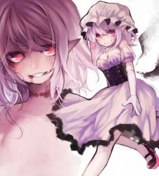 Rule 34 | 1girl, bad id, bad pixiv id, blood, breasts, cleavage, corset, dress, elbow gloves, face, female focus, gloves, grin, hat, htm (gixig), mary janes, multiple views, no headwear, no socks, purple hair, red eyes, remilia scarlet, shoes, smile, thighhighs, touhou
