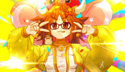 Rule 34 | 1girl, artist request, bindi, black-framed eyewear, blush, bow, breasts, brown eyes, brown hair, chest jewel, cleavage, closed mouth, confetti, cropped jacket, double v, elephant hat, emotional engine - full drive, fate/grand order, fate (series), ganesha (fate), glasses, hair bow, hamster, hands up, highres, indian clothes, jacket, jewelry, jinako carigiri, large breasts, long hair, long sleeves, looking at viewer, messy hair, neck ring, open clothes, open jacket, parody, parted bangs, puffy long sleeves, puffy sleeves, ring, shirt, smile, sparkle, star (symbol), sunburst, sunburst background, thick eyebrows, tongue, tongue out, v, white shirt, yellow background, yellow jacket
