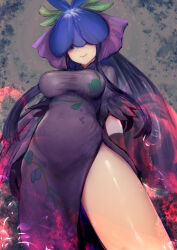 Rule 34 | 1girl, black gloves, black hair, breasts, china dress, chinese clothes, closed mouth, dress, flower, food print, fruit print, gloves, grape print, khn (kihana), large breasts, long hair, purple dress, purple eyes, purple flower, short sleeves, smile, solo, touhou, unfinished dream of all living ghost, vine print, yomotsu hisami