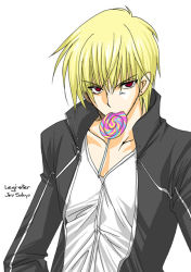 Rule 34 | 00s, 1boy, blonde hair, candy, casual, fate/stay night, fate (series), food, gilgamesh (fate), lollipop, male focus, official alternate costume, simple background, solo, swirl lollipop