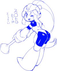 Rule 34 | 1girl, ass, capcom, female focus, full body, helmet, holding, image sample, long hair, looking at viewer, mega man (classic), mega man (series), monochrome, nezunezu, one eye closed, open mouth, parody, pixiv sample, ponytail, rokko-chan, rokko-chan (character), simple background, sketch, solo, translation request, white background, wink