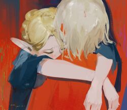Rule 34 | 2girls, absurdres, arms around neck, artist name, blonde hair, closed eyes, commentary request, crying, dated, dungeon meshi, elf, falin touden, falin touden (tallman), grey hair, highres, hug, marcille donato, multiple girls, pointy ears, red background, short hair, upper body, xilmo
