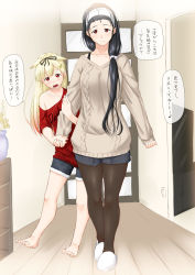 Rule 34 | 2girls, alternate costume, alternate hairstyle, aran sweater, arm grab, bare shoulders, barefoot, cable knit, casual, collarbone, commentary request, denim, denim shorts, eighth note, fashion, female admiral (kancolle), hair flaps, hair ornament, hair ribbon, hairclip, highres, holding hands, kantai collection, long hair, looking at viewer, low ponytail, multiple girls, musical note, niwatazumi, oversized clothes, oversized shirt, pantyhose, pantyhose under shorts, ribbon, scrunchie, shirt, shorts, smile, speech bubble, spoken musical note, sweater, tatebayashi sakurako, translation request, white scrunchie, yuudachi (kancolle)